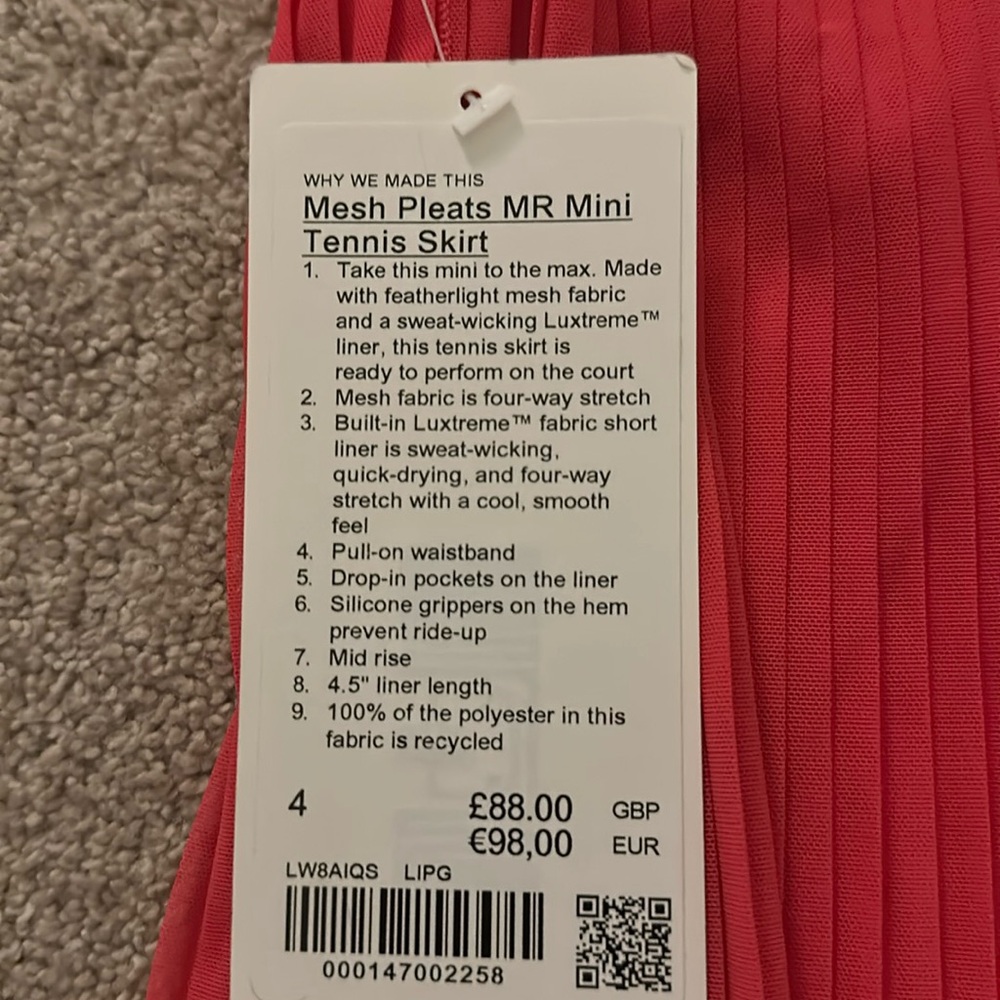 NWT Lululemon Mesh Pleats MR Mini Tennis Skirt size 4. Hot pink - Picture 5 of 5